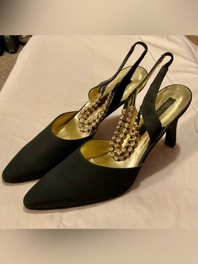Larry Stuart Black Pointed Slingback Pumps with Gold Tone Rhinestone Ankle Strap